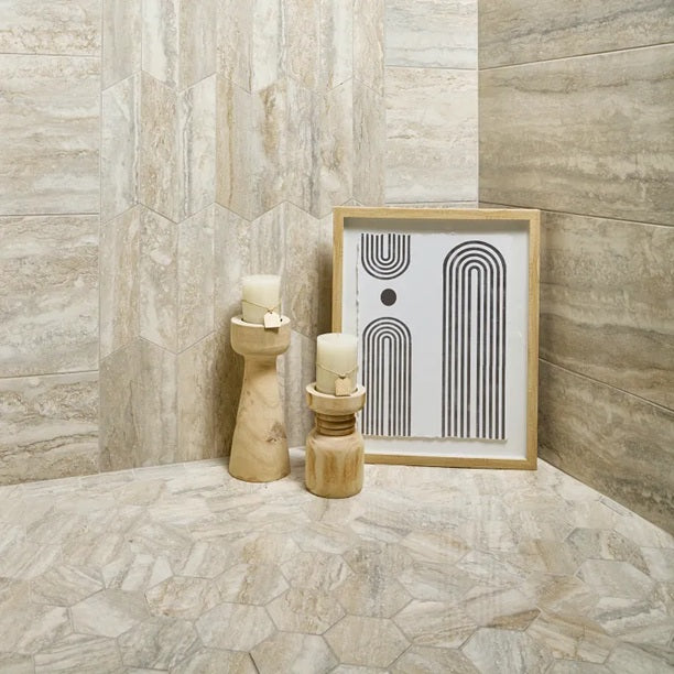 Arizona Tile - Invictus Vein Cut 4&quot; Hex Polished Porcelain Mosaic - Beige floor installation