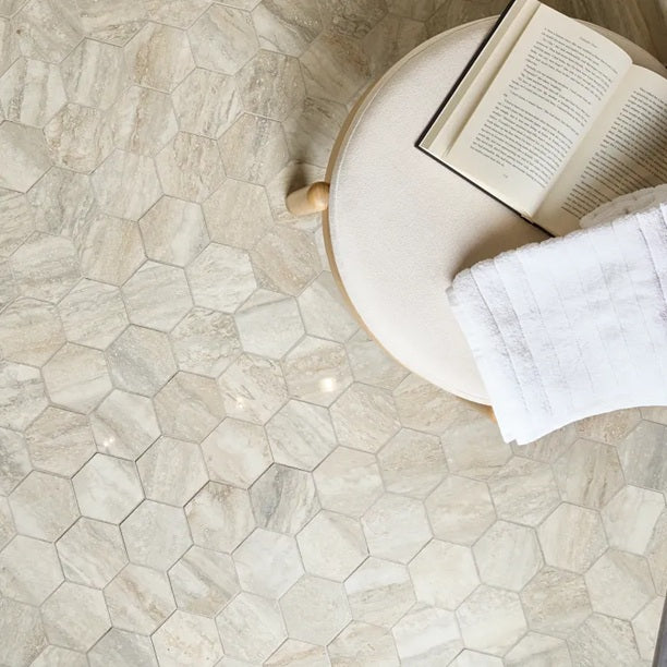 Arizona Tile - Invictus Vein Cut 4&quot; Hex Polished Porcelain Mosaic - Beige floor installation