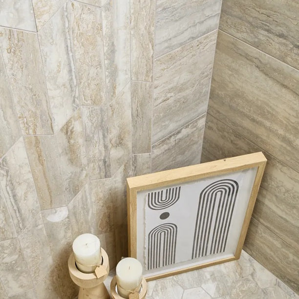 Arizona Tile - Invictus Vein Cut Series - 12&quot; x 24&quot; Polished Porcelain Tile - Beige wall installation