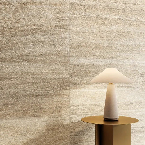 Arizona Tile - Invictus Vein Cut Series - 24" x 48" Rigato Porcelain Tile - Beige wall installation