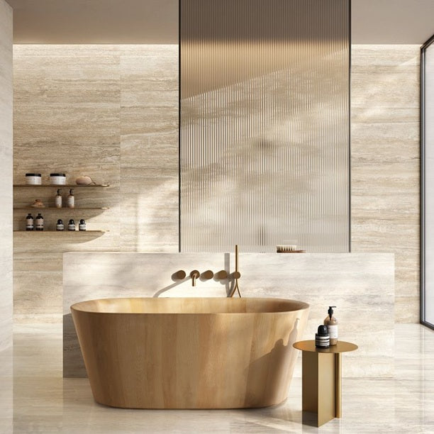 Arizona Tile - Invictus Vein Cut Series - 24&quot; x 48&quot; Rigato Porcelain Tile - Beige wall installation