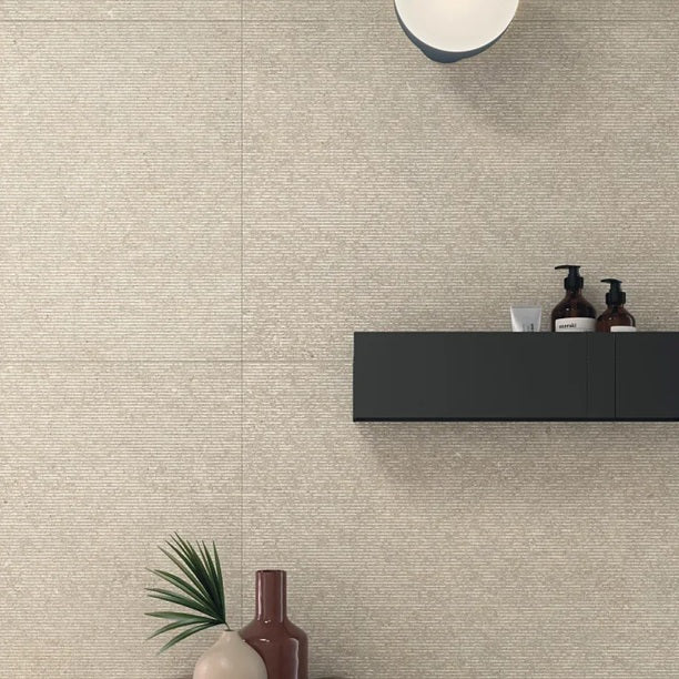 Arizona Tile - Intense Series - 24&quot; x 48&quot; Rectified Porcelain Tile - Trait Beige wall installation