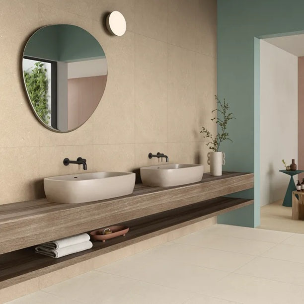 Arizona Tile - Intense Series - 24&quot; x 48&quot; Rectified Porcelain Tile - Trait Beige wall installation