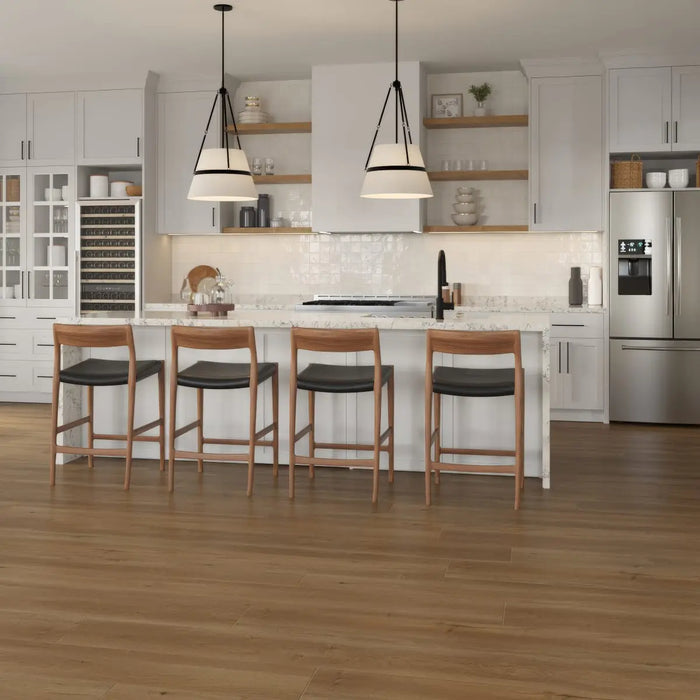 CALI Floors - Mavericks Collection - 9.5 in. x 86.5 in. Laminate Flooring - Mocha Del Mar Room Scene