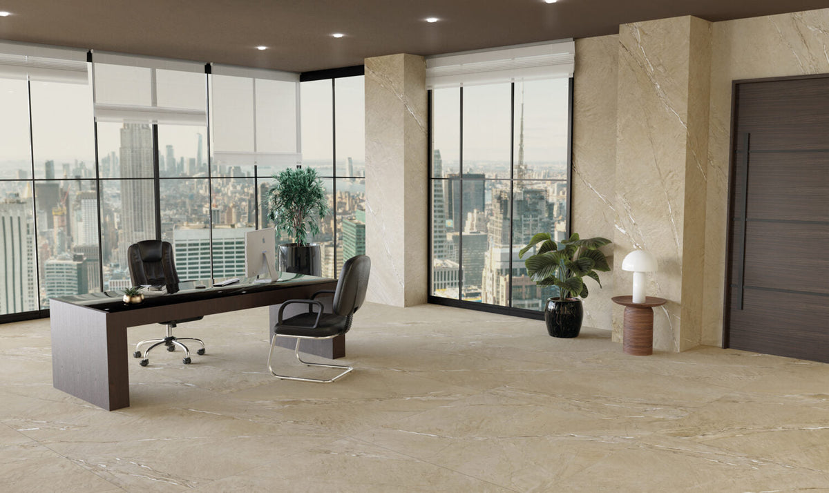 Happy Floors - Cardosia 12 in. x 24 in. Natural Porcelain Tile - River Rock floor and wall installation