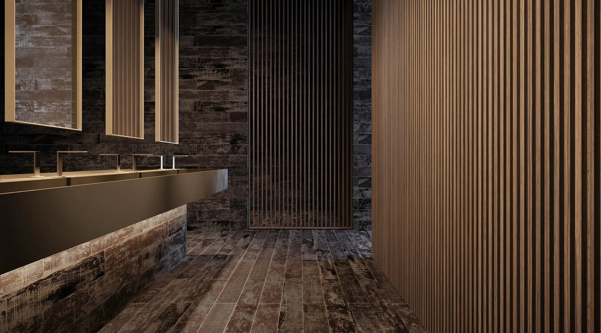 Anatolia - Muskoka 6 in. x 36 in. Matte Porcelain Tile - Charred floor and wall installation