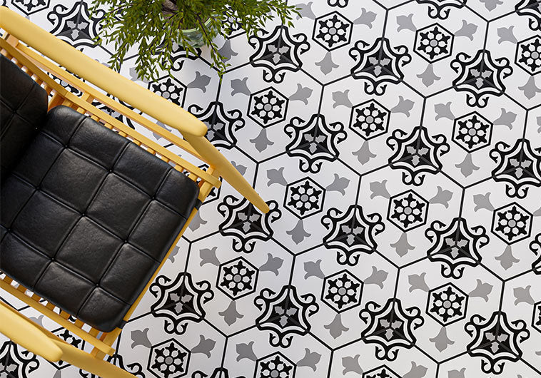 Bellagio - Cucina Italia Collection - 8" x 9" Porcelain Hex Tile - Casa Dollina floor installation