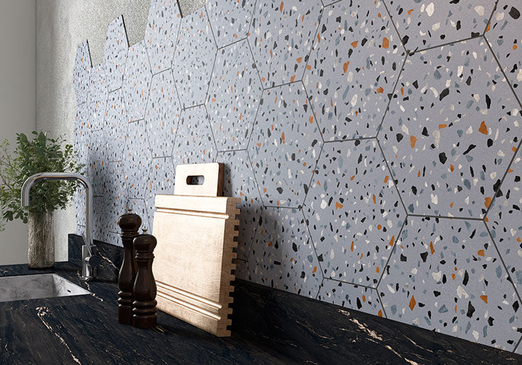 Bellagio - Abstract Collection - 8" x 9" Porcelain Hex Tile - Blue wall installation