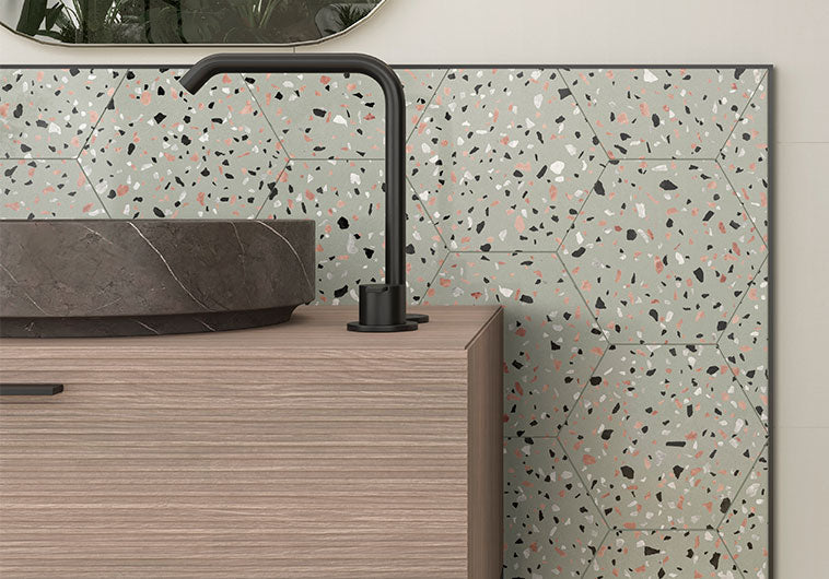 Bellagio - Abstract Collection - 8" x 9" Porcelain Hex Tile - Salvia wall installation