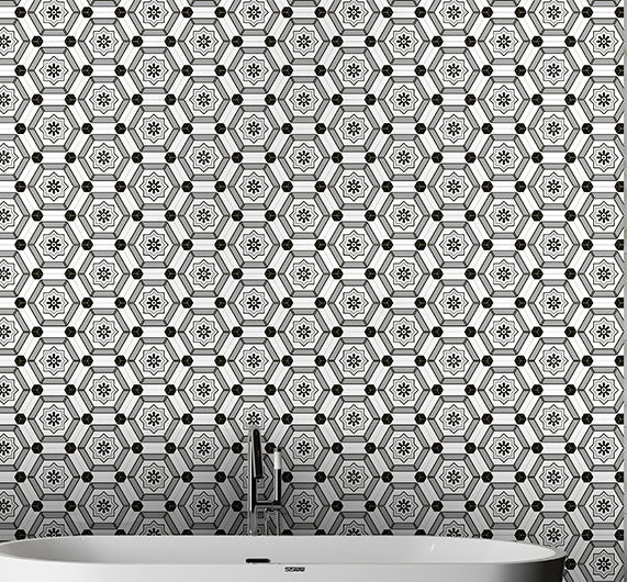 Bellagio - Cucina Italia Collection - 8" x 9" Porcelain Hex Tile - Cesto Di Fiori wall installation