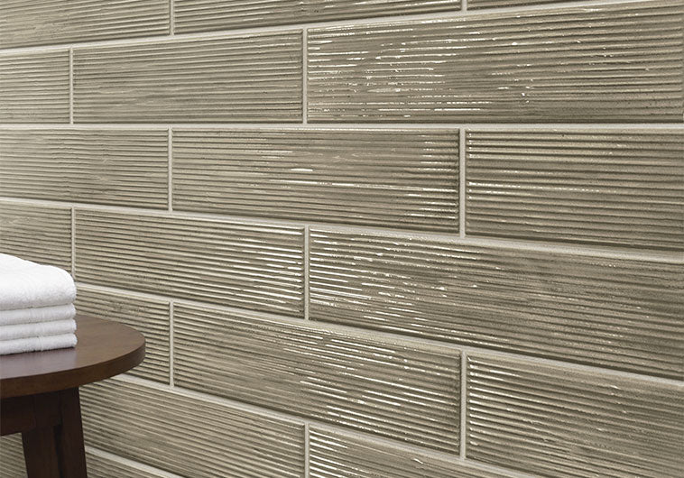 Bellagio - Groove Collection - 3" x 12" Porcelain Tile - Beat Brown wall installation