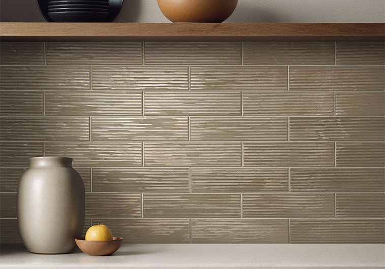 Bellagio - Groove Collection - 3" x 12" Porcelain Tile - Beat Brown wall installation