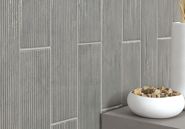 Bellagio - Groove Collection - 3" x 12" Porcelain Tile - Jam Grey wall installation