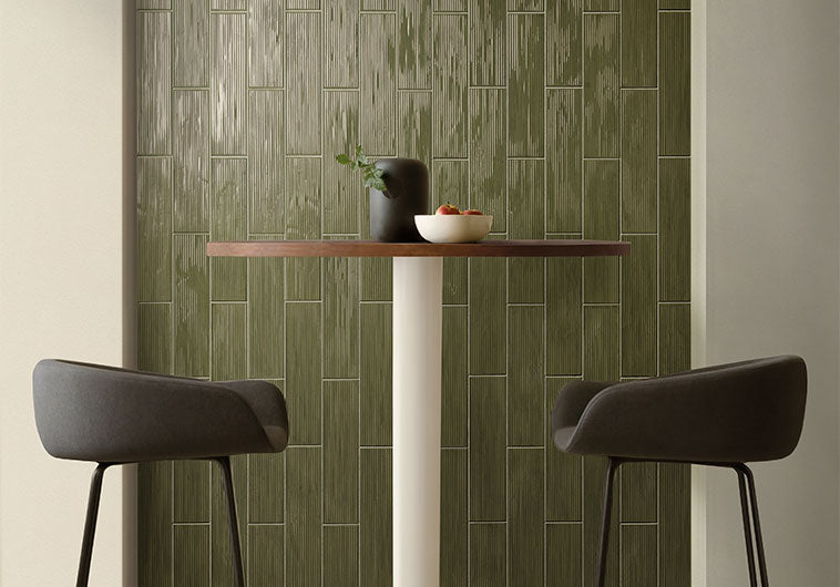 Bellagio - Groove Collection - 3&quot; x 12&quot; Porcelain Tile - Bass Green wall installation