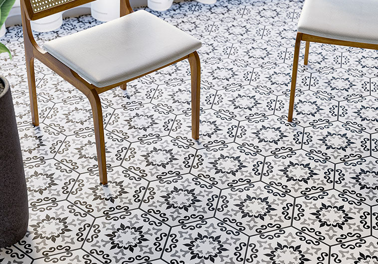 Bellagio - Cucina Italia Collection - 8&quot; x 9&quot; Porcelain Hex Tile - Trivette Flora floor installation