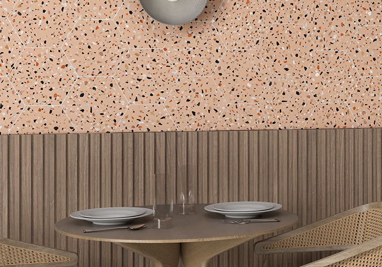 Bellagio - Abstract Collection - 8" x 9" Porcelain Hex Tile - Camel wall installation