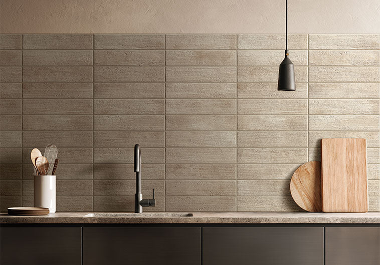 Bellagio - Reya Collection - 3" x 12" Porcelain Tile - Topo wall installation