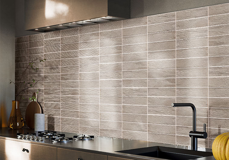 Bellagio - Reya Collection - 3" x 12" Porcelain Tile - Topo wall installation