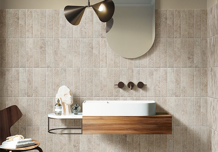 Bellagio - Calco Collection - 3" x 12" Porcelain Tile - Strata wall installation