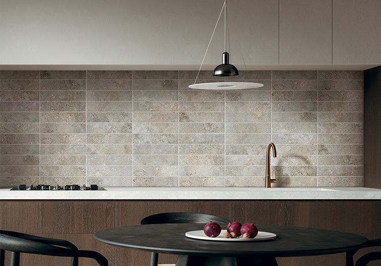 Bellagio - Calco Collection - 3" x 12" Porcelain Tile - Linzo wall installation