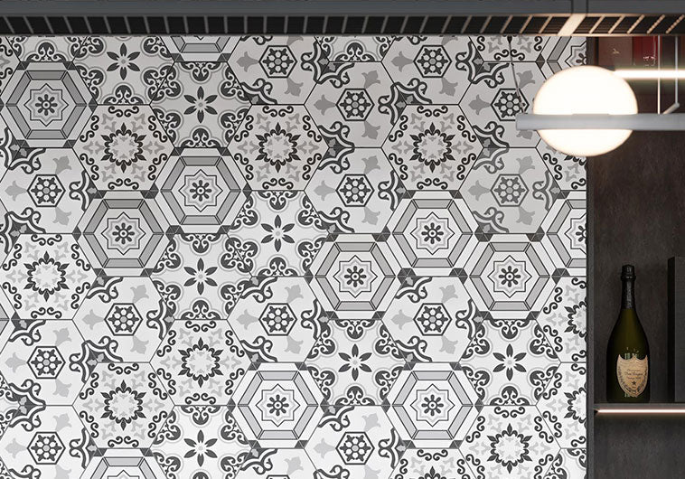 Bellagio - Cucina Italia Collection - 8" x 9" Porcelain Hex Tile - Cesto Di Fiori wall installation