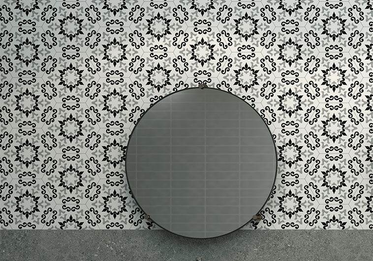 Bellagio - Cucina Italia Collection - 8&quot; x 9&quot; Porcelain Hex Tile - Trivette Flora wall installation