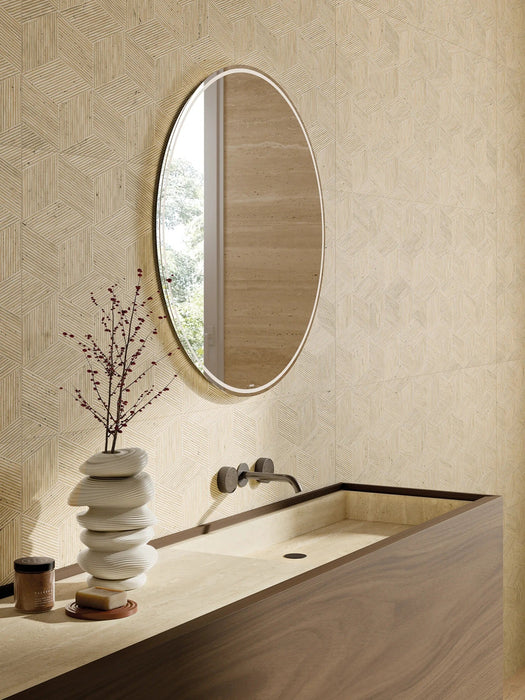 Bedrosians - Sensi Roma 24" x 48" Satin Porcelain Cube Deco Tile - Cream wall installation