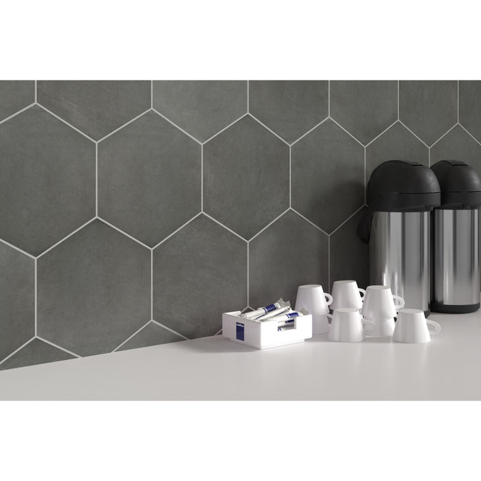 Emser Tile - Bauhaus - 9 in. x 11 in. Hex Porcelain Tile - Gray Backsplash