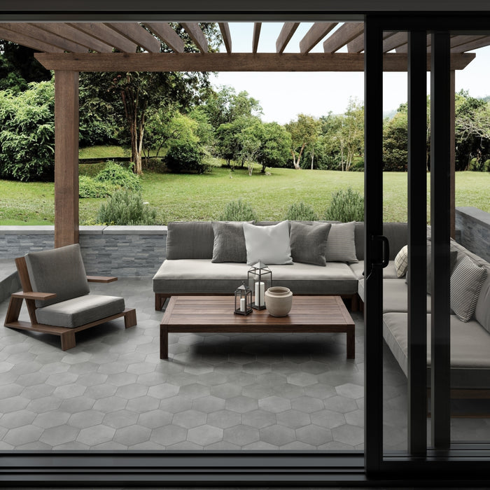 Emser Tile - Bauhaus - 9 in. x 11 in. Hex Porcelain Tile - Gray Outdoor Install