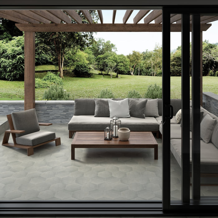 Emser Tile - Bauhaus - 9 in. x 11 in. Hex Porcelain Tile - Silver Installed
