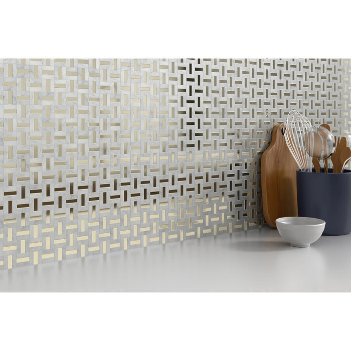 Emser Tile - Link - Marble Mosaic - White and Gold Wall Install