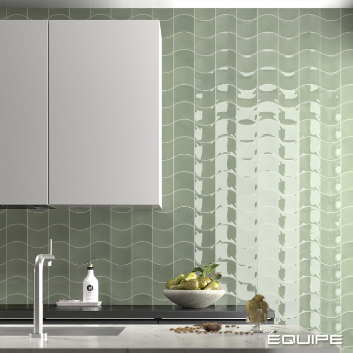 Equipe - Wave Collection - 5 in. x 5 in. Ceramic Wall Tile - Moody Blue Installed