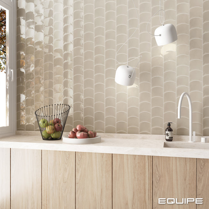 Equipe - Wave Collection - 5 in. x 5 in. Ceramic Wall Tile - Old Cream Installed