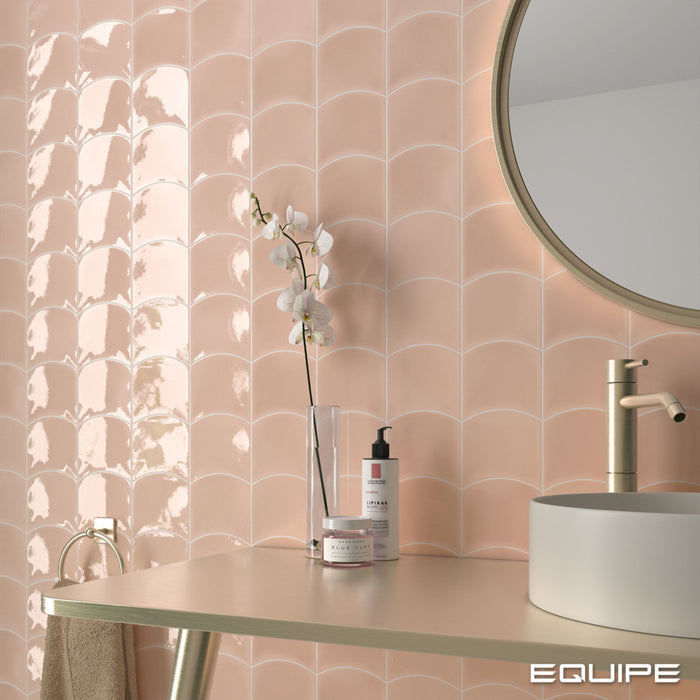 Equipe - Wave Collection - 5 in. x 5 in. Ceramic Wall Tile - Primrose Pink Installed 2