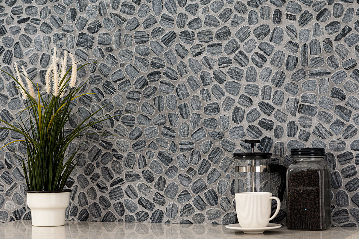 MSI - Henley Pebble Tumbled Marble Mosaic Wall Install