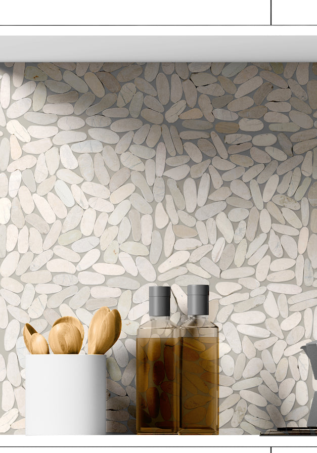Emser Tile - Venetian Pebbles - 12&quot; x 12&quot; Stone Mosaic - Ivory Wall Install