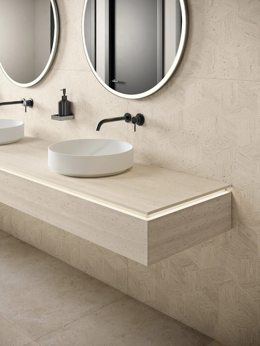 Bedrosians - Sensi Roma 24" x 48" Satin Porcelain Cube Deco Tile - Ivory wall installation