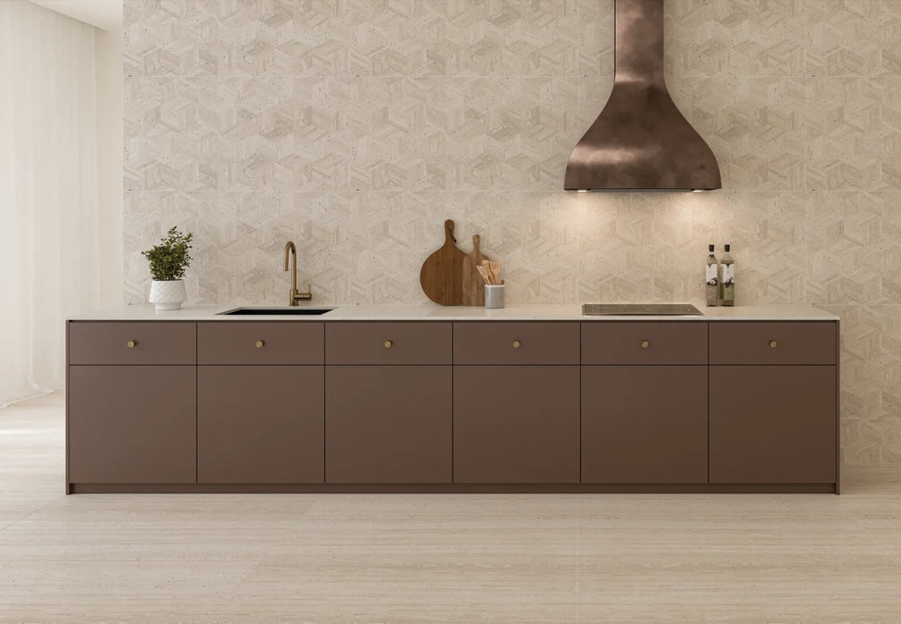 Bedrosians - Sensi Roma 24" x 48" Satin Porcelain Cube Deco Tile - Ivory wall installation