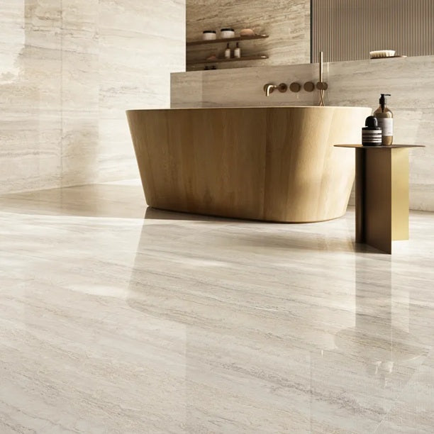 Arizona Tile - Invictus Vein Cut Series - 24&quot; x 48&quot; Polished Porcelain Tile - Ivory floor and wall installation