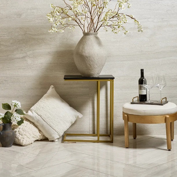 Arizona Tile - Invictus Vein Cut Series - 24" x 48" Rigato Porcelain Tile - Ivory wall installation