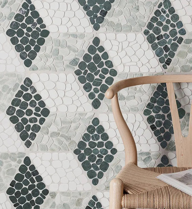 Anatolia - Cabana 10 in. x 12 in. Tumbled Stone Pebble Mosaic - Node - Jade wall installation