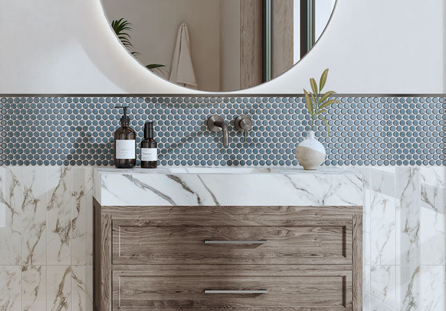 Maniscalco - Chameleon Series - 1" x 1" Porcelain Penny Round Mosaic - Blue Denim Close View Installed