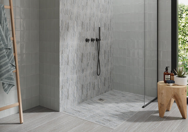 Maniscalco - Provence - Mini Provenzal 2 in. x 4 in. Porcelain Mosaic - Vallee Azur Shower Install