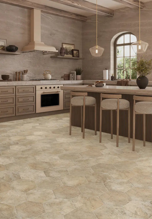 Mannington - Adura Apex - Luxxe 13.6 in. x 11.8 in. Hexagon Luxury Vinyl Tile - Caviar Room Scene