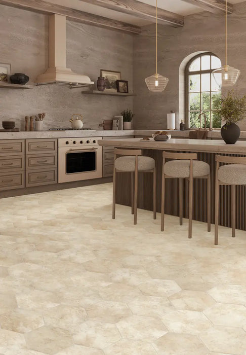 Mannington - Adura Apex - Luxxe 13.6 in. x 11.8 in. Hexagon Luxury Vinyl Tile - Pearl Room Scene