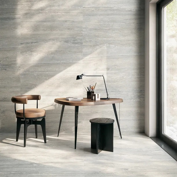 Arizona Tile - Invictus Vein Cut Series - 24&quot; x 48&quot; Matte Porcelain Tile - Pearl wall and floor installation