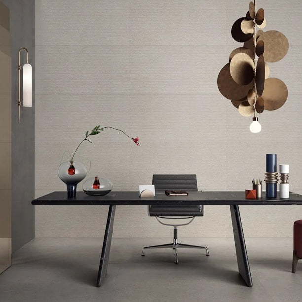 Arizona Tile - Intense Series - 24" x 48" Rectified Porcelain Tile - Trait Perle wall installation