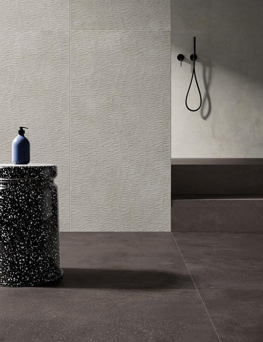 Happy Floors - Phase 12 in. x 24 in. Porcelain Deco Storm Tile - Grey wall installation