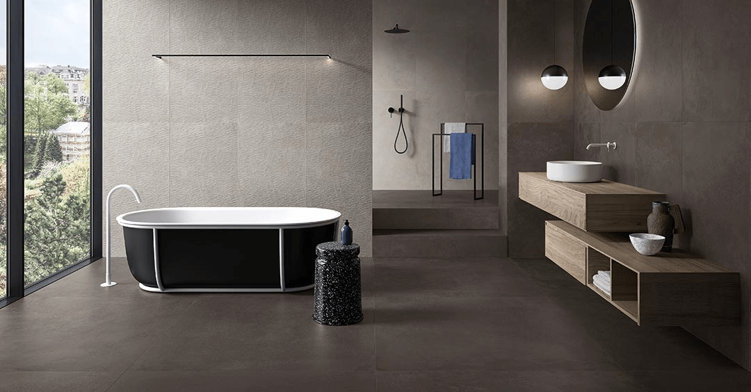 Happy Floors - Phase 24 in. x 48 in. Matte Porcelain Tile - Dark floor and wall installation