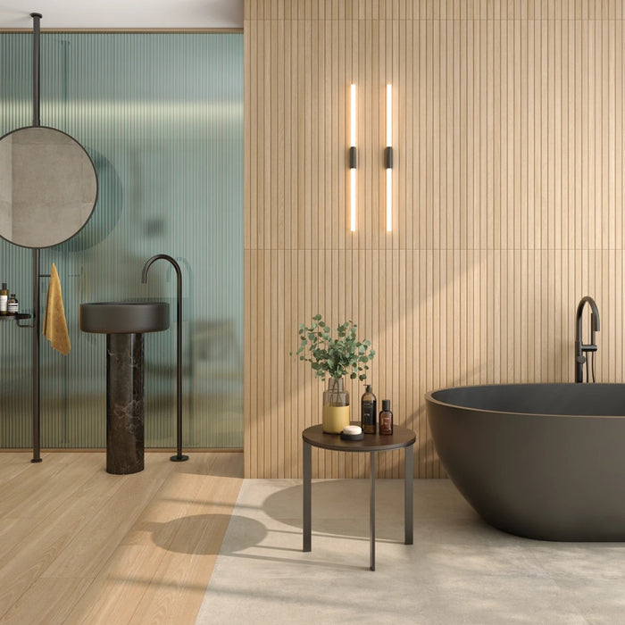 Bedrosians Tile & Stone - Strata 24" x 48" 3D Deco Porcelain Tile - Roble wall installation